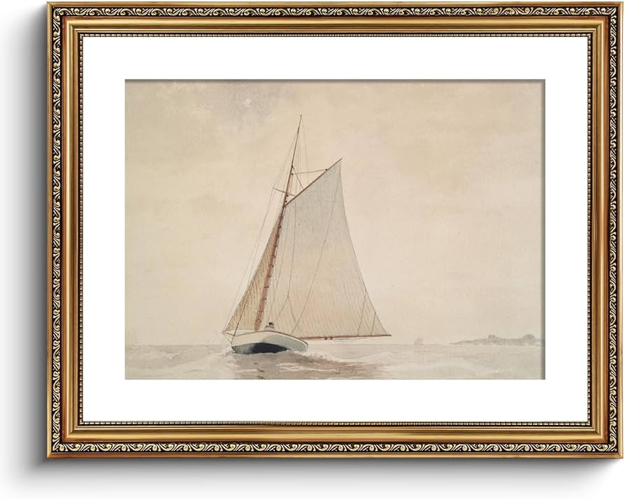 VIYYIEA Gold Framed Wall Art Canvas Print Home Decor for Living Room White Sailboat Seascape Wate... | Amazon (US)