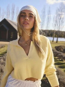 Aralina Women's Autumn/Winter Casual Long Sleeve Cropped Butter Yellow Cute Polo Knit Perfect For... | SHEIN