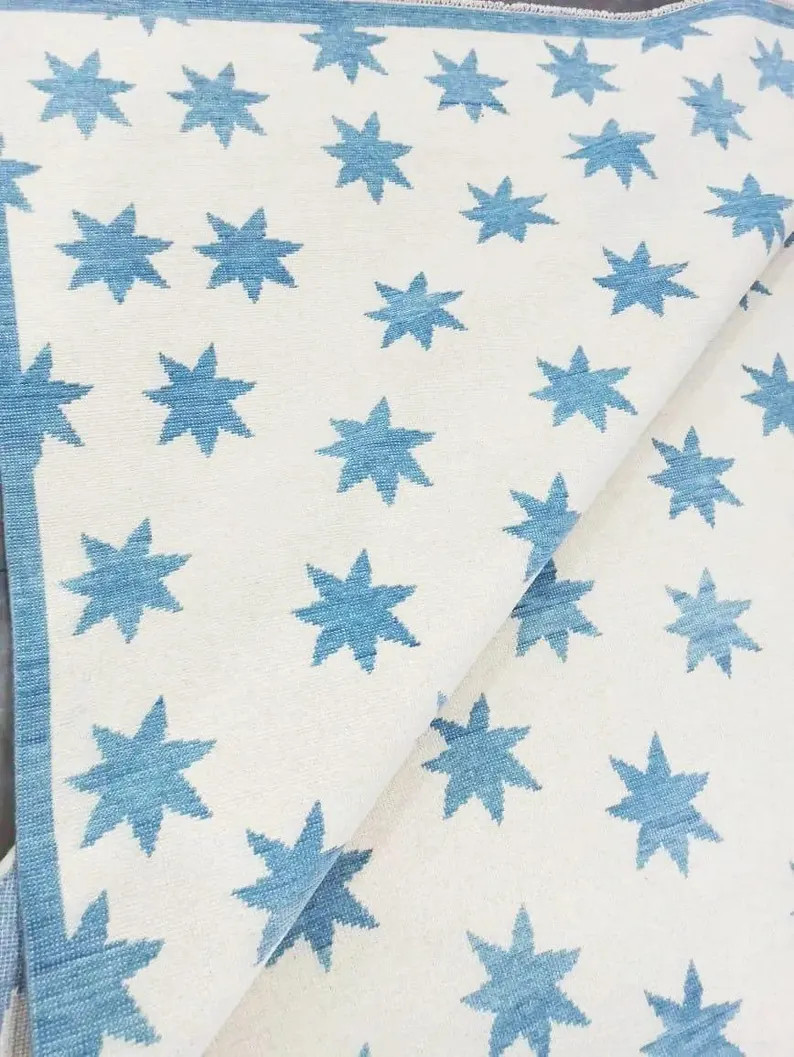 Blue Star Pattern Flatweave Rug, Handwoven Cotton Area Rug, Kids Room Decor, Nursery Rugcelestial... | Etsy (US)