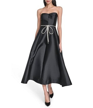 Strapless Rhinestone Bow Sweetheart Neck Midi Dress | Dillard's