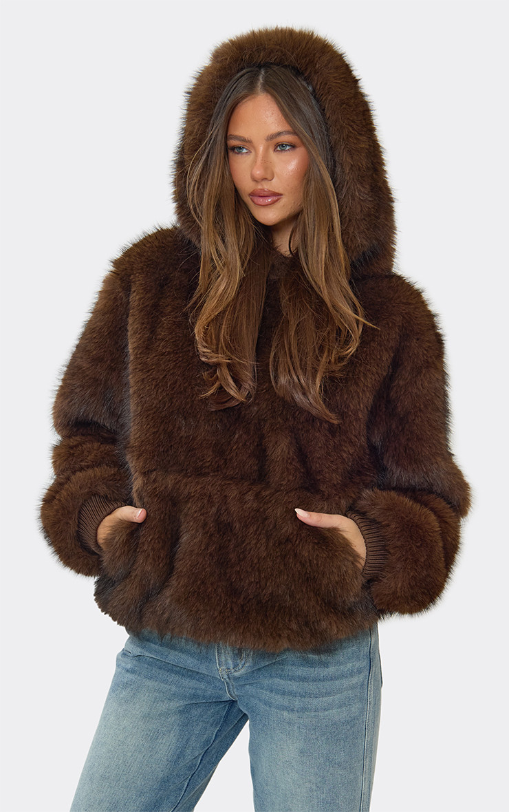 Long Sleeve Pocket Front Hoodie In Chocolate Brown Faux Fur | EGO Shoes (US & Canada)
