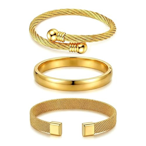KUDANLONG Gold Cuff Bracelets for Women, Stainless Steel Stackable Bangles | Amazon (US)