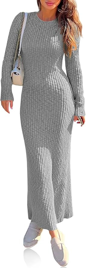 Wenrine Womens Sweater Maxi Dress Long Sleeve Knit Ribbed Crew Neck Slim Fit Casual Fall Long Dre... | Amazon (US)