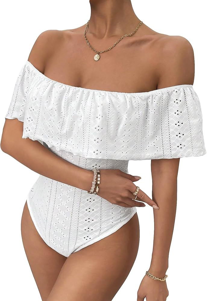 MakeMeChic Women's Off Shoulder Ruffle Trim Eyelet Embroidered Strapless Tube Top Bodysuit | Amazon (US)