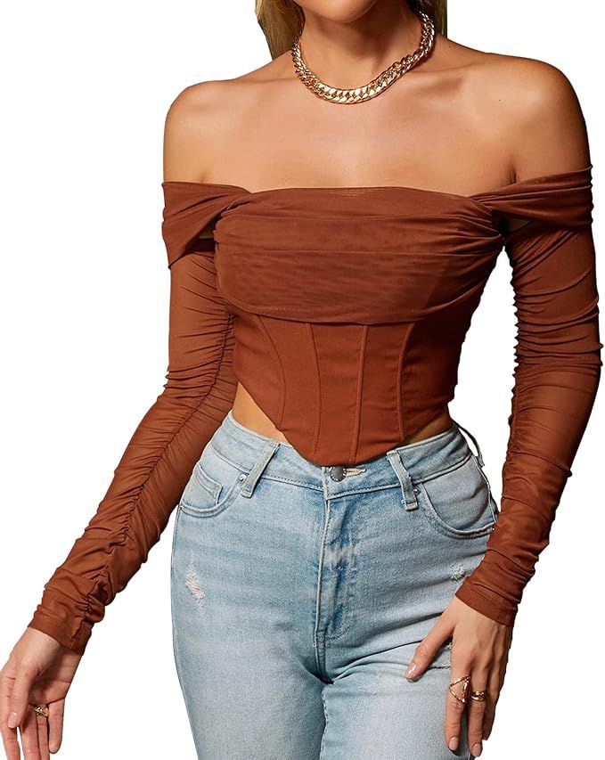 Mesh Sheer Long Sleeve Corset Crop top Ruched off Shoulder Blouse Push Up Party Boned Bustier for... | Amazon (US)