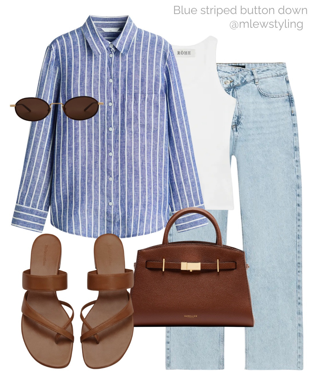BLUE STRIPED BUTTON DOWN 💙

Tags: summer outfit, H&M linen shirt, Zara cross waist jeans, white tank, brown leather sandals, demellier tote bag, brown sunglasses, casual workwear, spring office work outfit

#LTKsummer #LTKworkwear #LTKstyletip