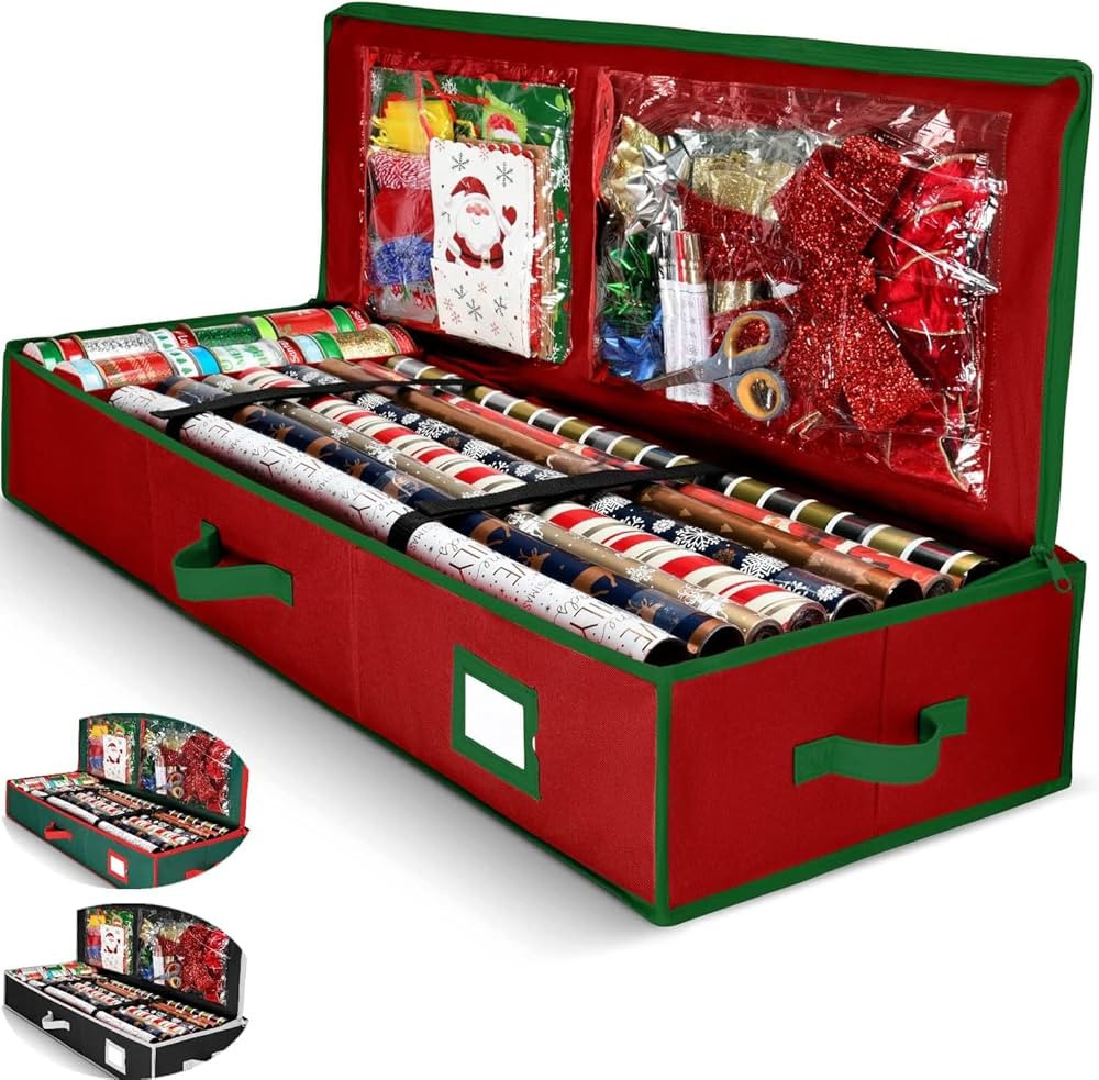 Premium Gift Wrap Organizer, Christmas Wrapping Paper Storage Bag w/Useful Pockets for Xmas Acces... | Amazon (US)