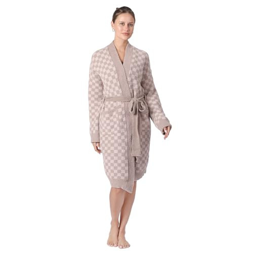 bearberry Checkerboard Robe Cozy Lightweight Soft Plush Robe Hoodless Sleepwear Nightgown with Pockets for Women (Beige/Khaki) | Amazon (US)