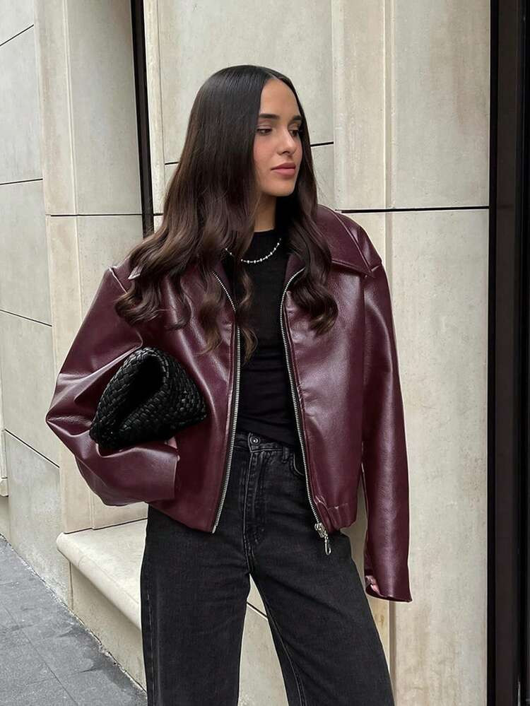 Chaqueta De Cuero Mate Estilo Motocicleta Vintage Casual Para Mujer, Elegante Moda Europea Y Americana, Cierre Con Cremallera, Cálida Y A Prueba De Viento, Otoño | SHEIN