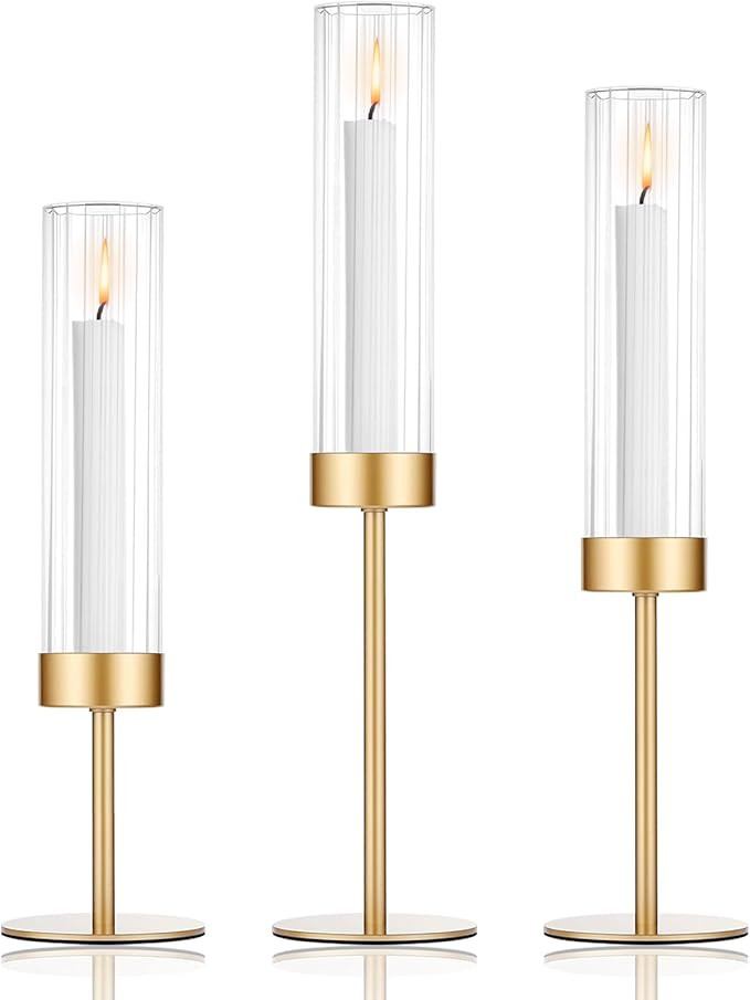 Tall Candle Holders Set of 3, Hurricane Glass Taper Candlestick Holders for Wedding, Christmas De... | Amazon (US)