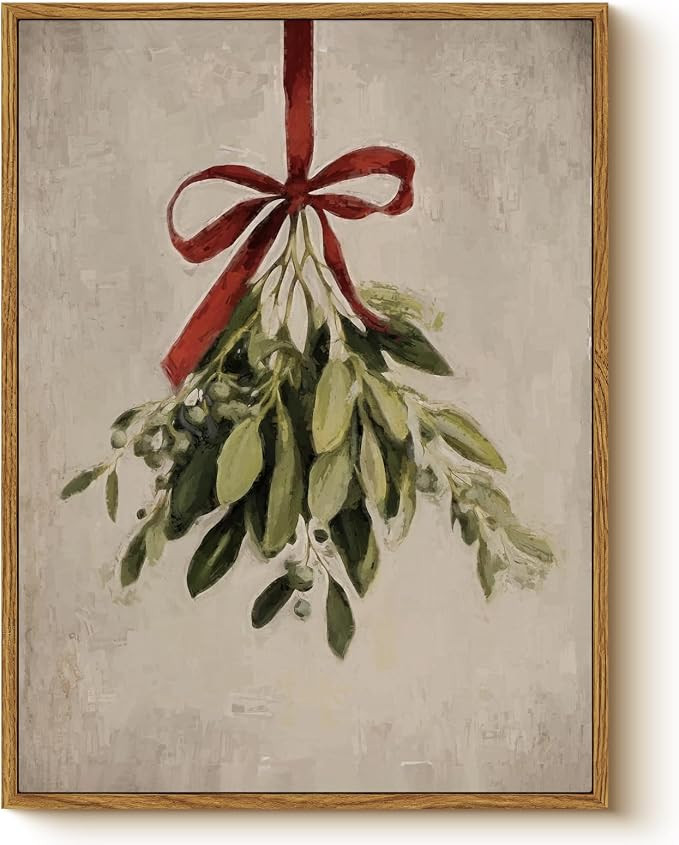 Vintage Christmas Holiday Mistletoe with Red Bow Wall Art, 12x16 Framed Canvas Print Greenery wit... | Amazon (US)