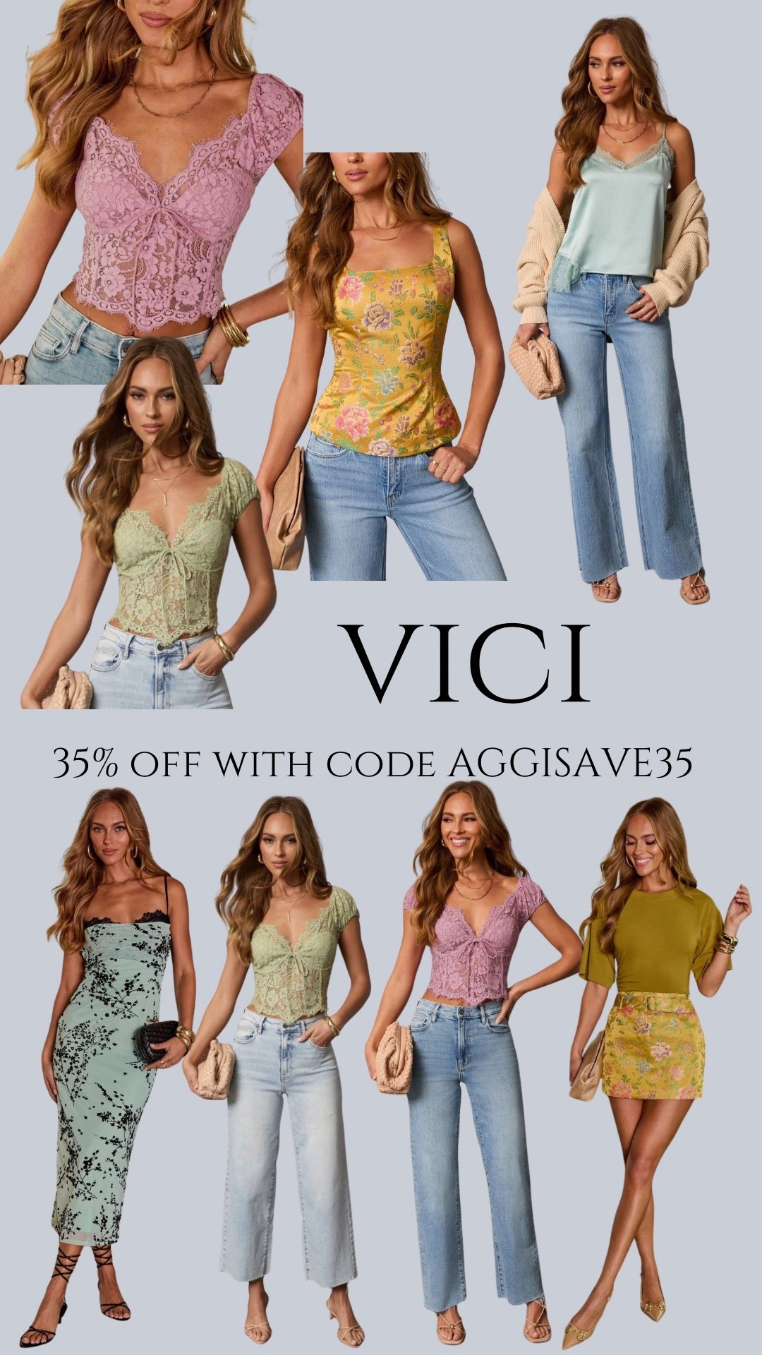 Save 35% on new arrivals from Vici
code AGGISAVE35

#vici #top #jeans #skirt #dress 

#LTKU #LTKFindsUnder100 #LTKFindsUnder50