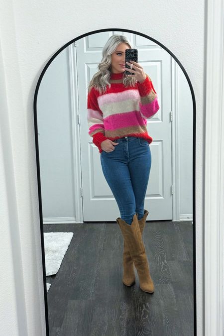 Winter outfit // target sweater // target fashion // Valentine’s Day sweater // pink and red sweater // brown boots // trendy outfit // outfit ideas // 

#LTKstyletip #LTKshoecrush #LTKMostLoved