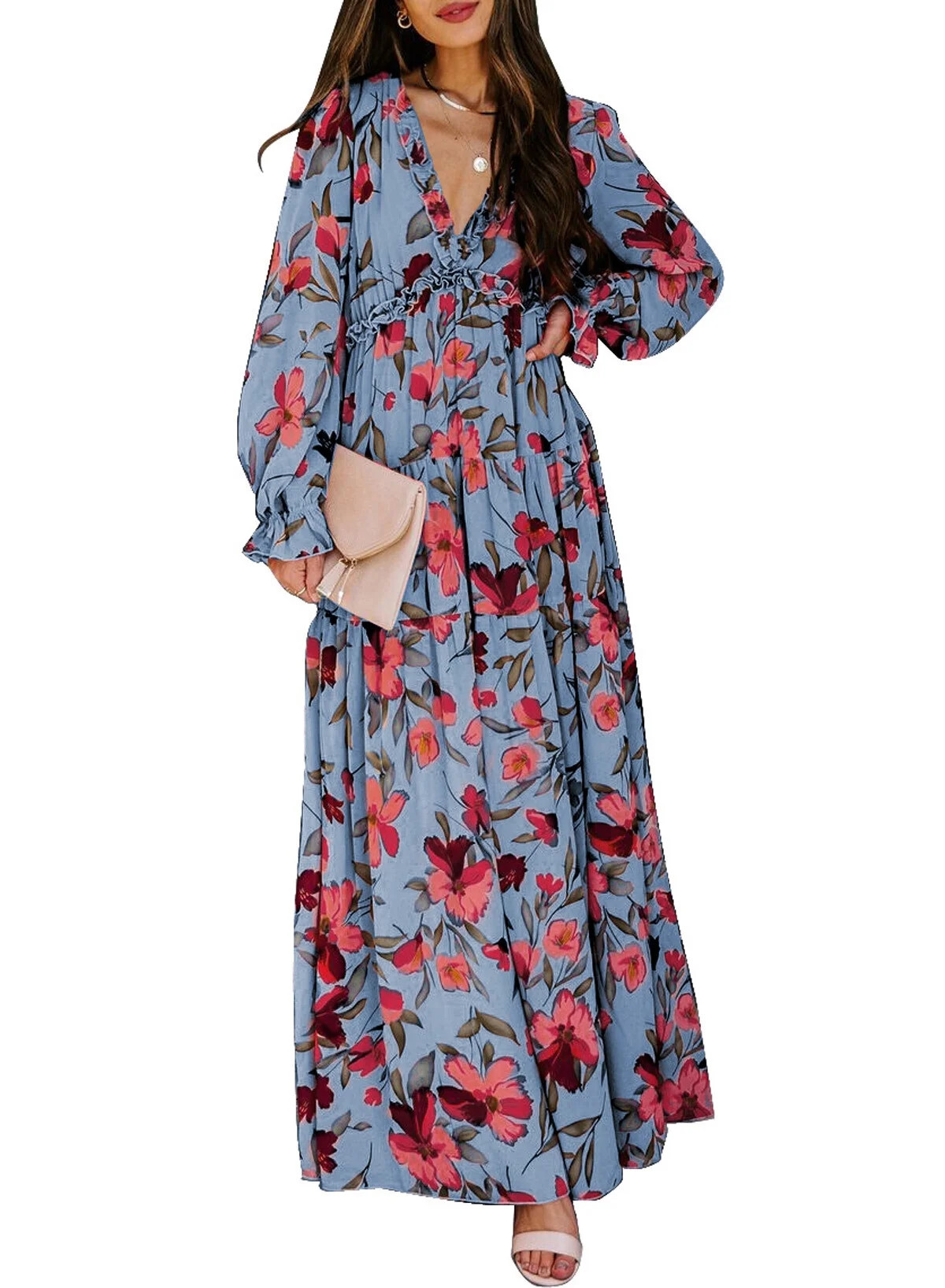 SHEWIN Women's Long Maxi Dresses Deep V Neck Floral Boho Maxi Dress Long Sleeve Evening Dress Coc... | Walmart (US)