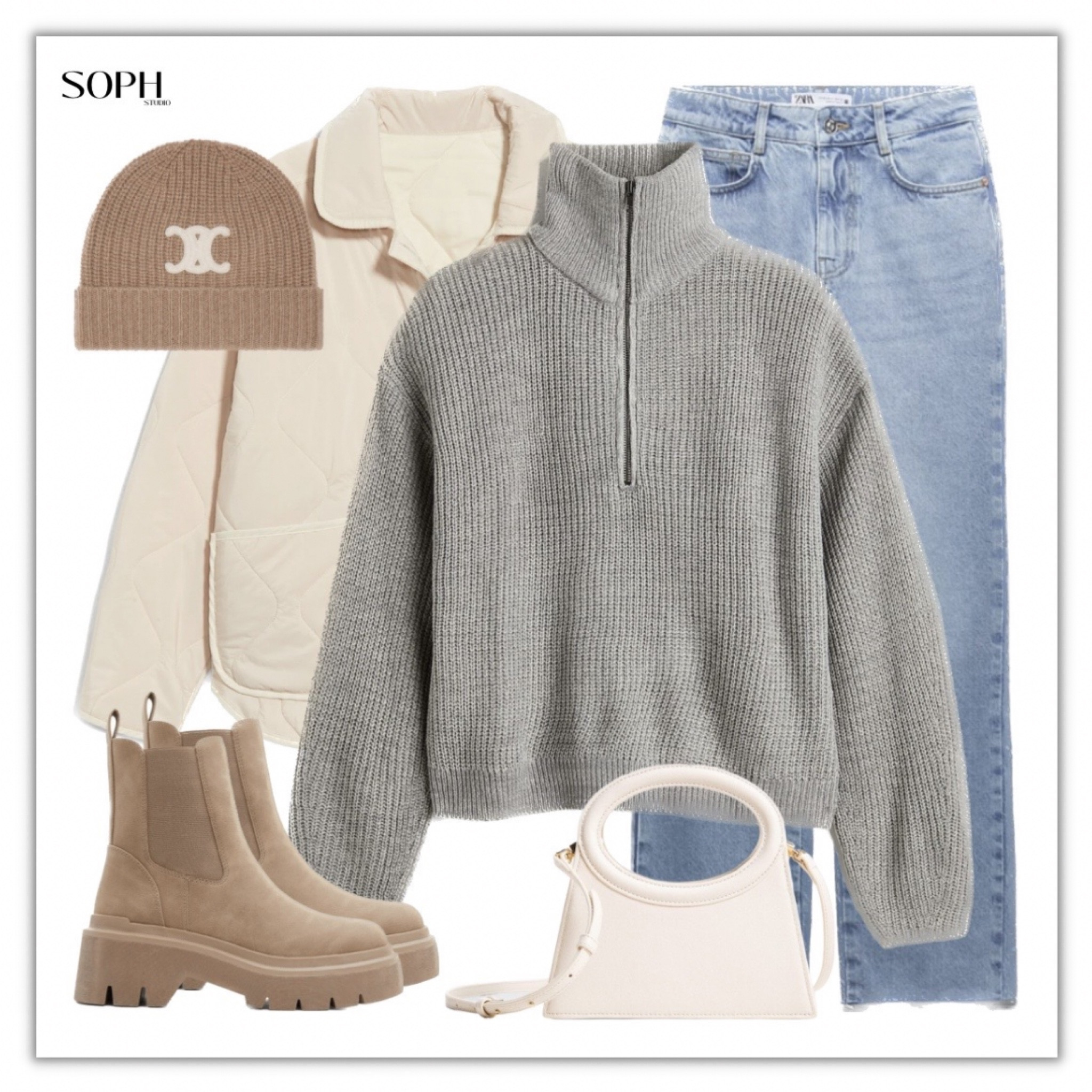 A neutral tone, winter casual look. Styled with a beanie and pair of chunky boots ✨

• half zip sweater is originally from h&m but is unfortunately sold out
 • white quilted jacket only available in Canada, Old Navy
• denim pants originally from zara
• bag originally from mango but are unfortunately sold out 

#LTKstyletip #LTKfit #LTKFind