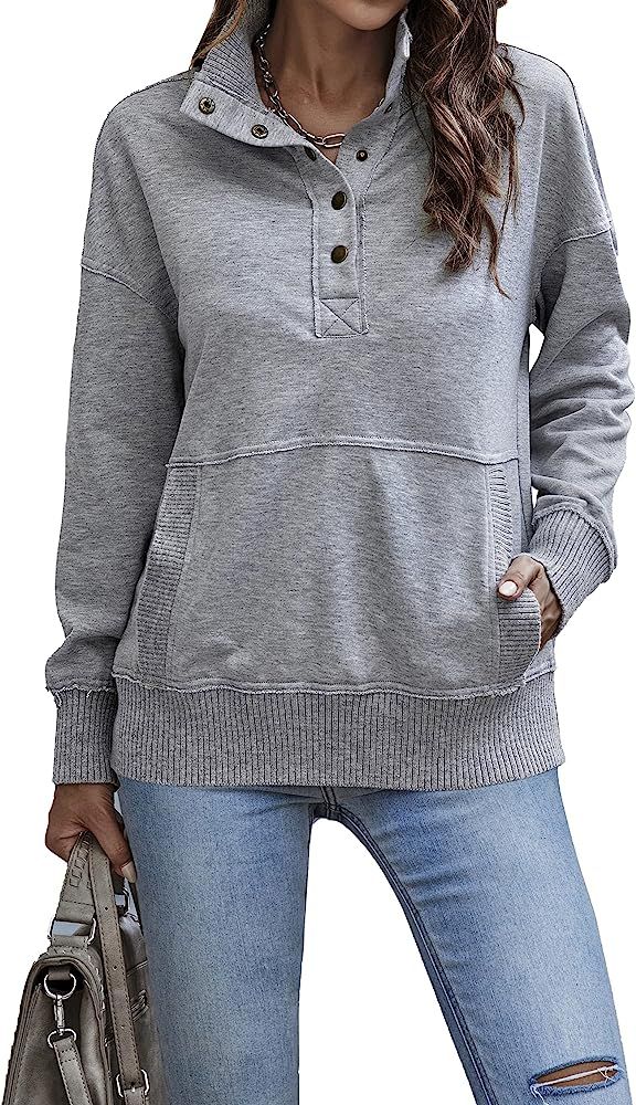KIRUNDO Womens Sweatshirt Casual Long Sleeve Henley Button V Neck Lightweight Sweatshirts Ribbed ... | Amazon (US)
