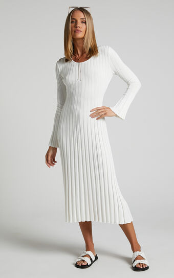 Blaire Midi Dress - Long Sleeve Tie Back Flare Dress in Ivory | Showpo (US, UK & Europe)