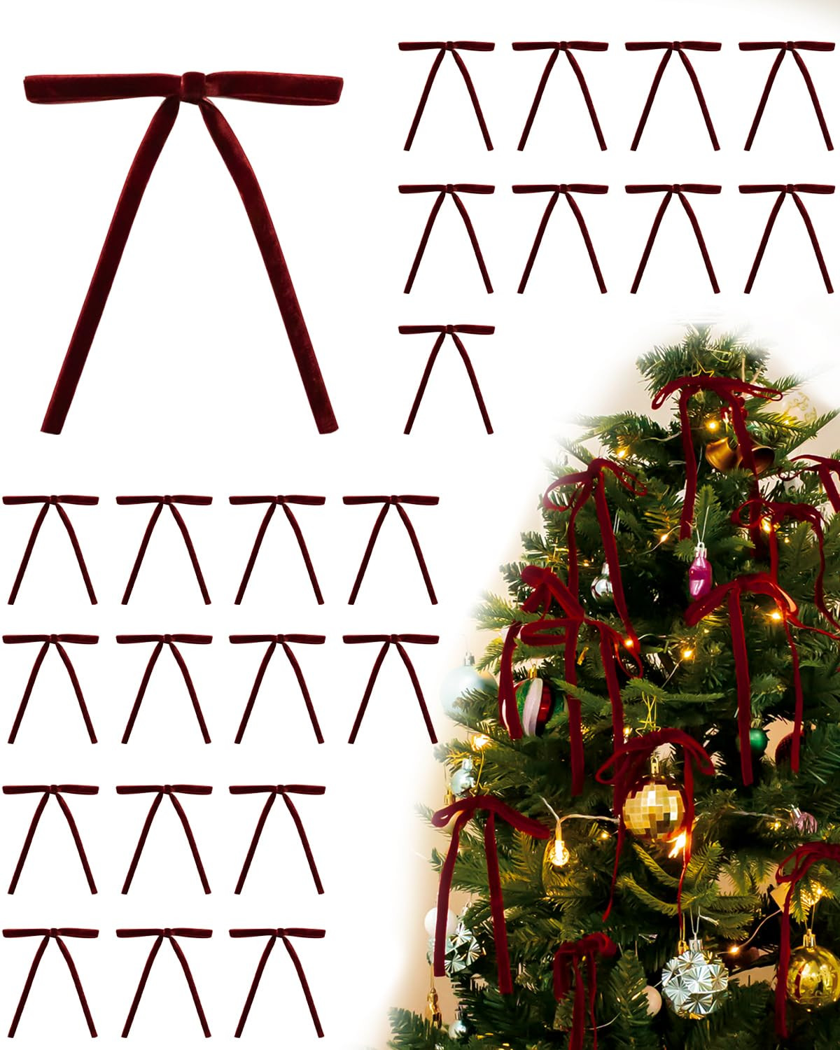 Velvet Christmas Tree Bows – 24 Pcs Holiday Bows (3/8" Wide, 5x7) with Star Clips – Easy Hang... | Amazon (US)