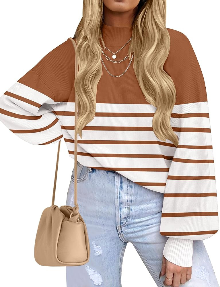 ZESICA Women's 2024 Fall Fashion Turtleneck Long Sleeve Striped Ribbed Knit Loose Pullover Sweate... | Amazon (US)