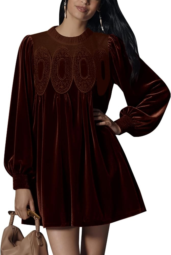 Women’s Velvet Lace Patchwork Babydoll Dress Puff Long Sleeve Ruffle Swing Loose Fit Crew Neck ... | Amazon (US)