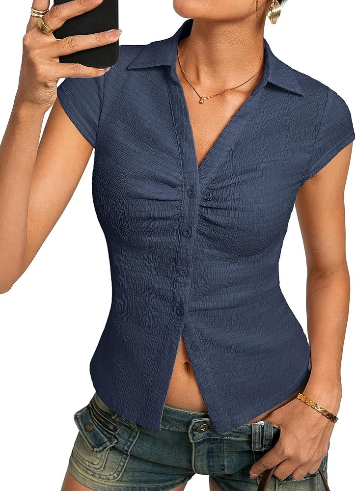 Kate Kasin Women Button Down Blouse, V-Neck Ruched Tops with Y2K Collar, Slim Fit Cap Sleeve Busi... | Amazon (US)