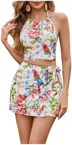 SweatyRocks Women's Tie Backless Tropical Print Halter Top and Shorts 2 Piece Vacation Outfits | Amazon (US)