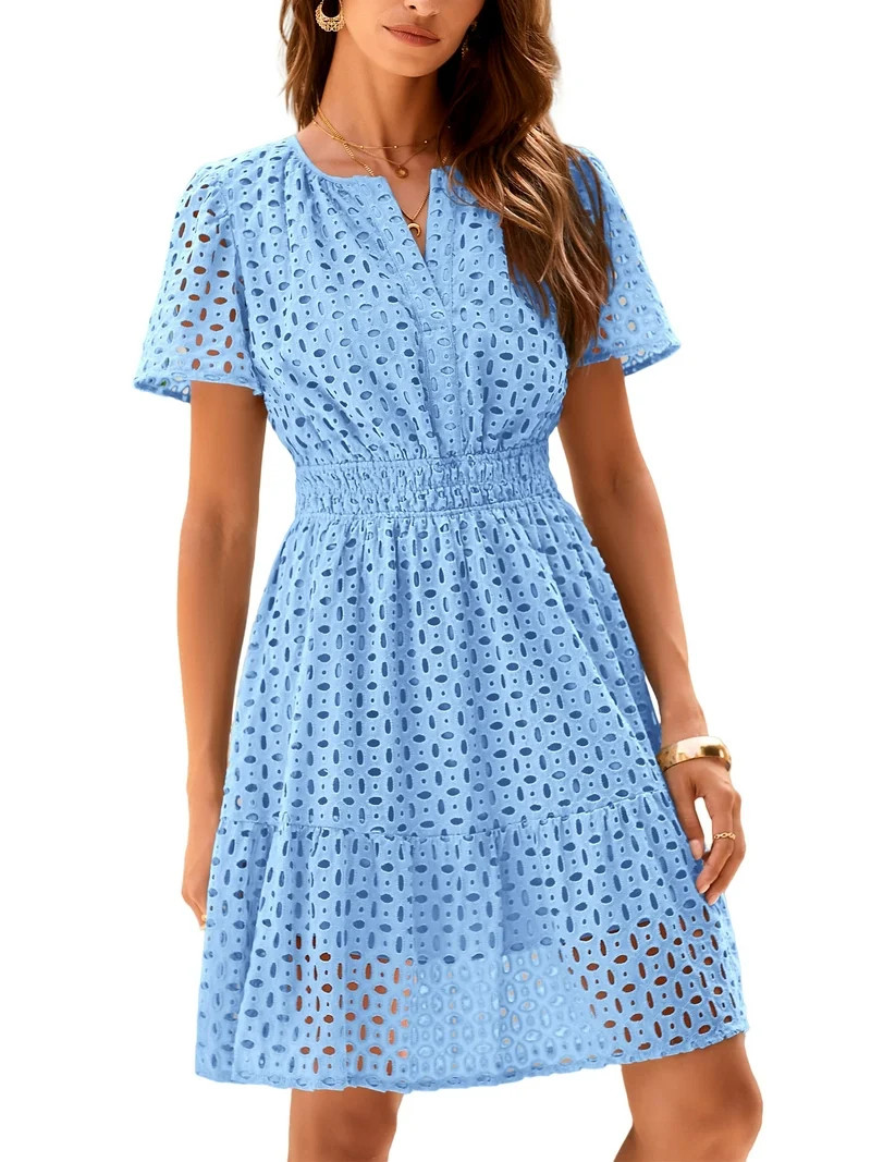 PRETTYGARDEN Womens Summer Short Dress V Neck Short Sleeve A Line Wear To Work Hollow Out Lace Ru... | Walmart (US)