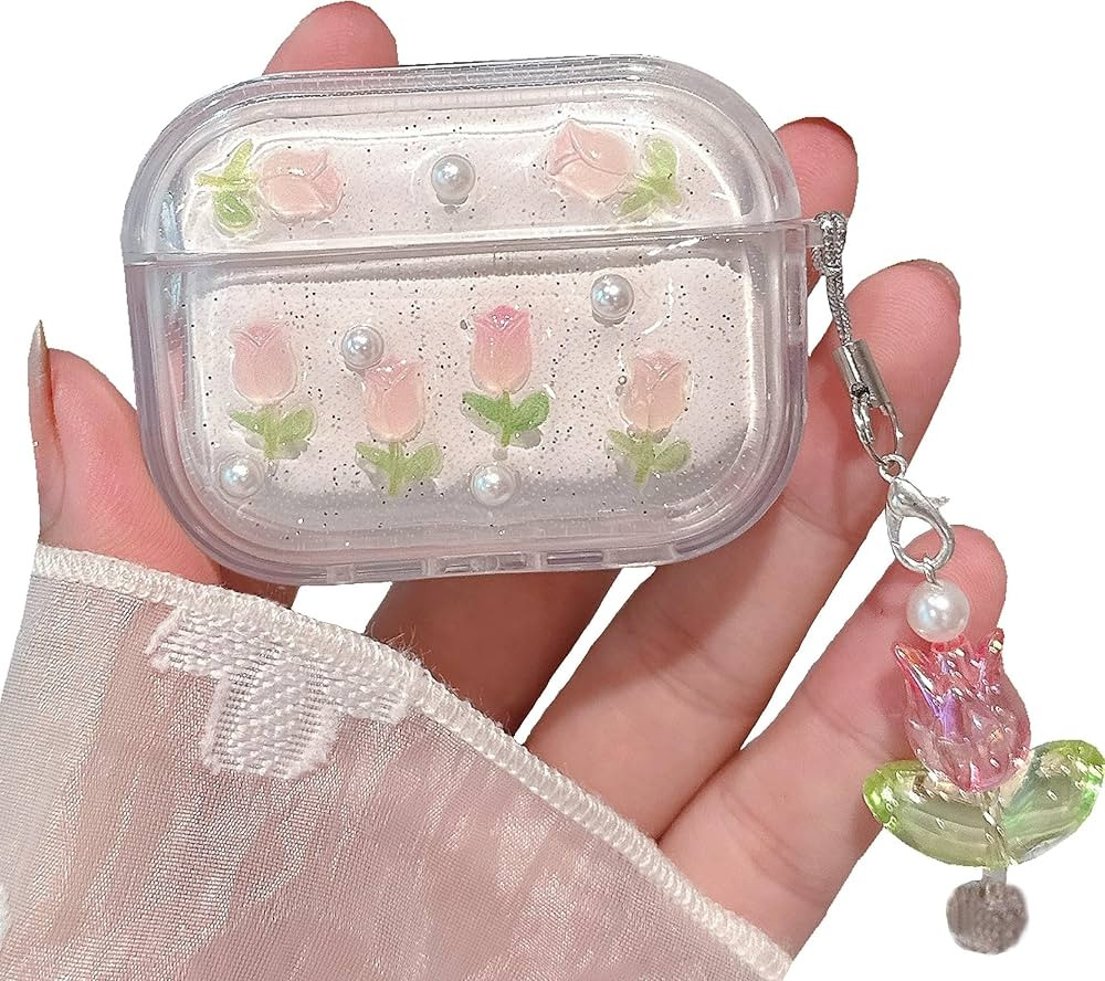 JANDM 3D Tulip for AirPods Pro/AirPods Pro 2 Case with Keychain, Clear Glitter Pink Floral Design... | Amazon (US)