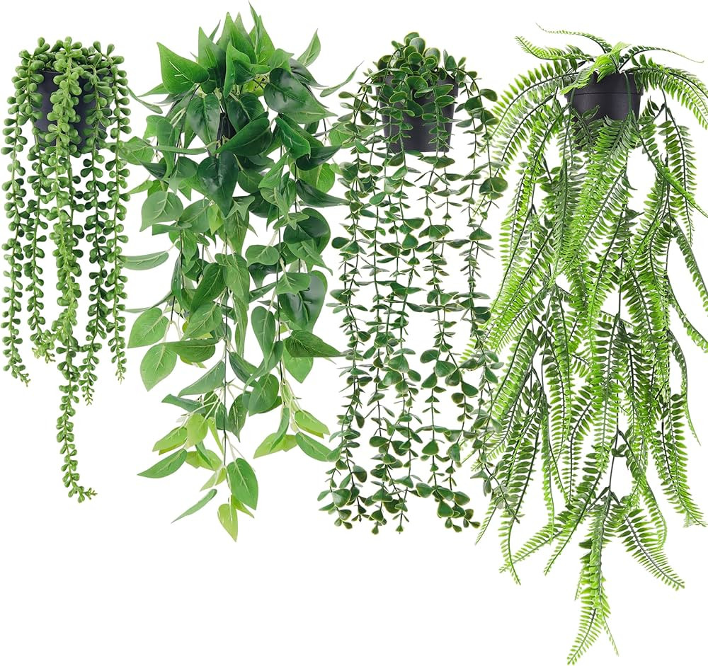Der Rose 4 Packs Fake Plants Hanging with Pots Artificial Ivy Vine Faux Eucalyptus Hanging Plants... | Amazon (US)
