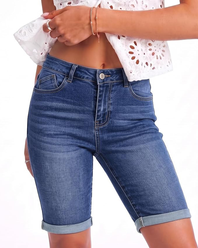 luvamia Bermuda Jean Shorts Women High Rise Stretchy Cuffed Hem Denim Jorts | Trendy High Waisted... | Amazon (US)
