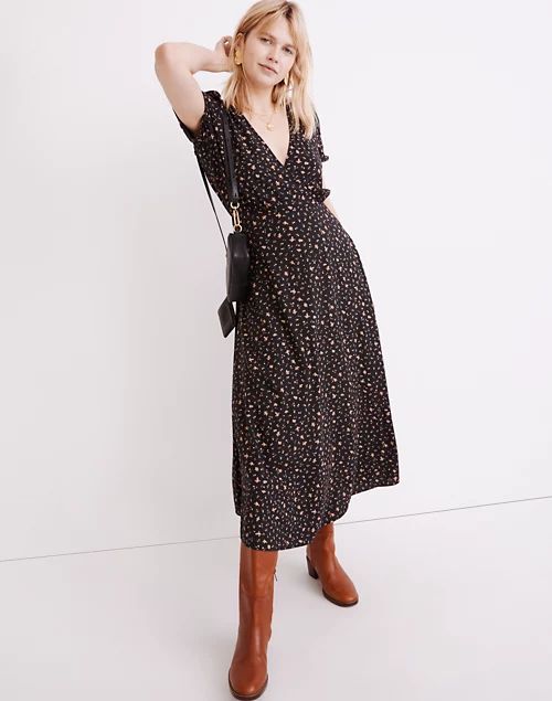Puff-Sleeve Faux-Wrap Midi Dress in Stem Scatter | Madewell