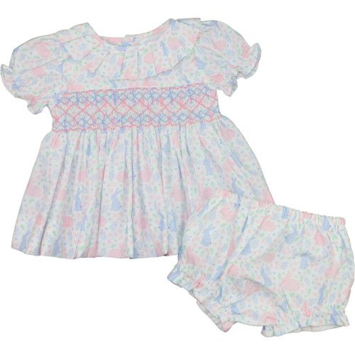 Pink And Blue Smocked Bunny Print Diaper Set | Cecil and Lou