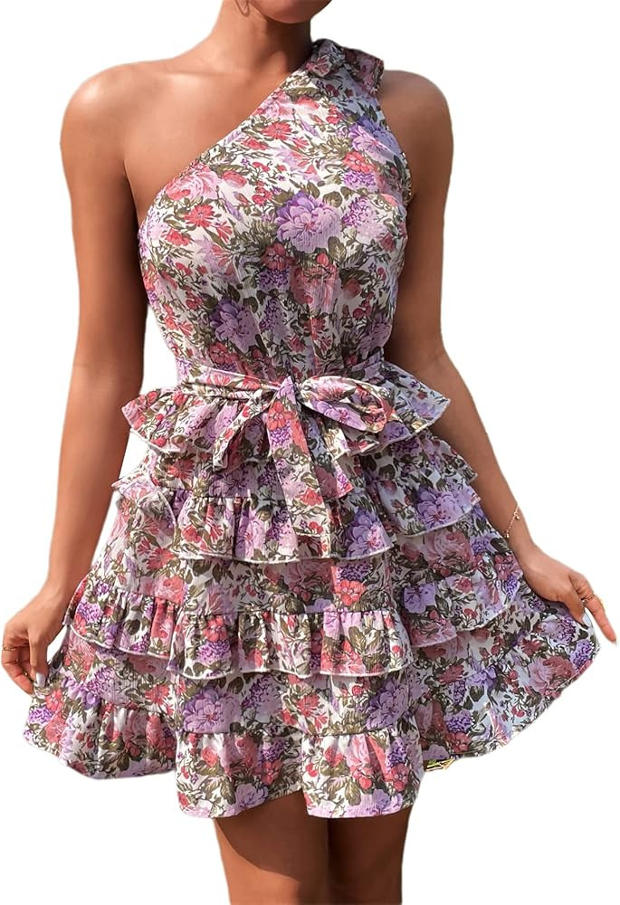MakeMeChic Women's Floral One Shoulder Sleeveless Layered A Line Short Summer Dress | Amazon (US)