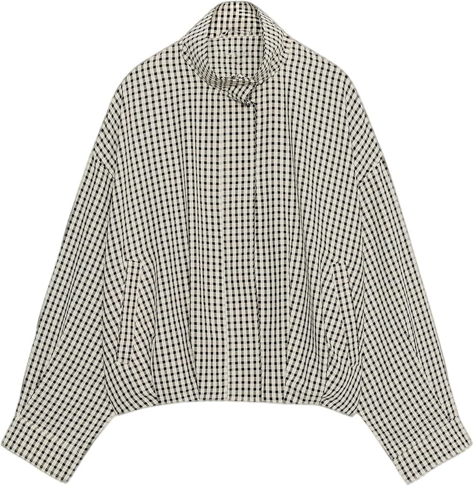 Womens Plaid Jacket Bomber Stand Collar Zip Up Coat with Pockets | Amazon (US)