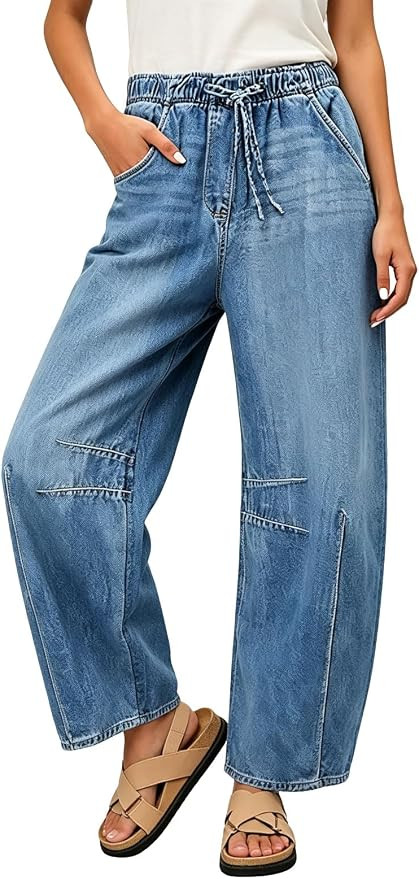 loveimgs Women Baggy Drawstring Barrel Jeans Pull On Denim Pants Elastic Waist Mid Rise Wide Leg ... | Amazon (US)