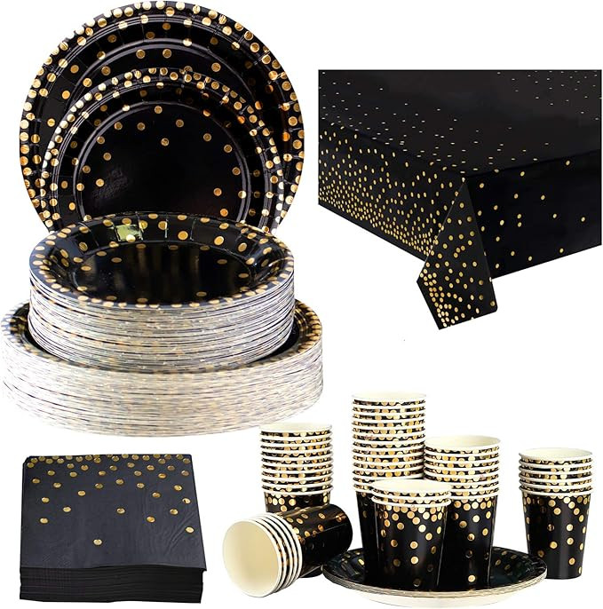 hapray 201PCS Disposable Plates Black and Gold Party Supplies, Polka Dots Birthday and Graduation... | Amazon (US)