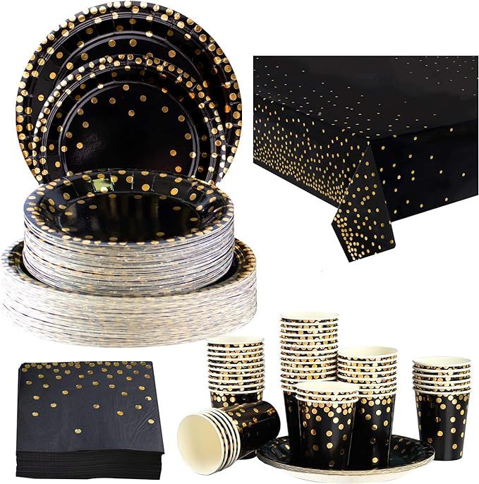 hapray 201PCS Disposable Plates Black and Gold Party Supplies, Polka Dots Birthday and Graduation... | Amazon (US)