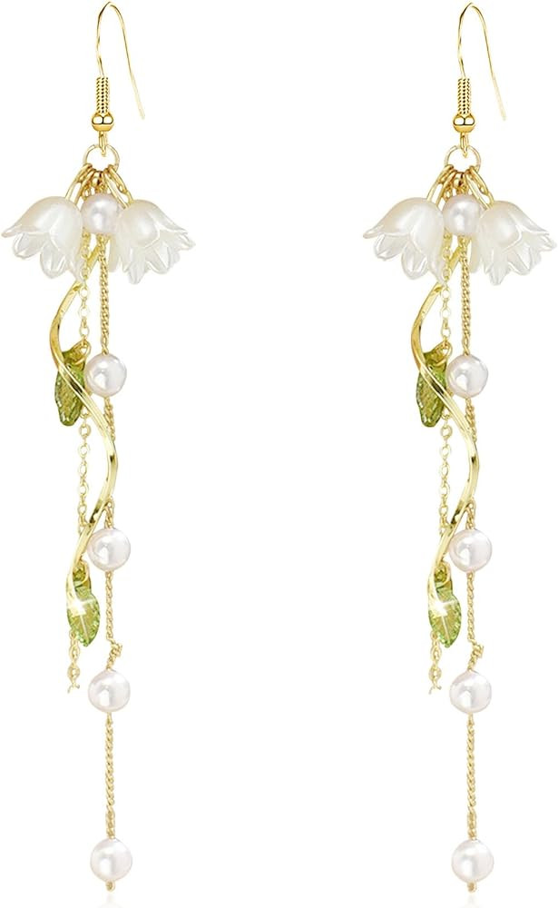 Orchid Flower Dangle Drop Hook Earrings Pearl Crystal Threader Tassel Dangling Wedding Studs Earr... | Amazon (US)