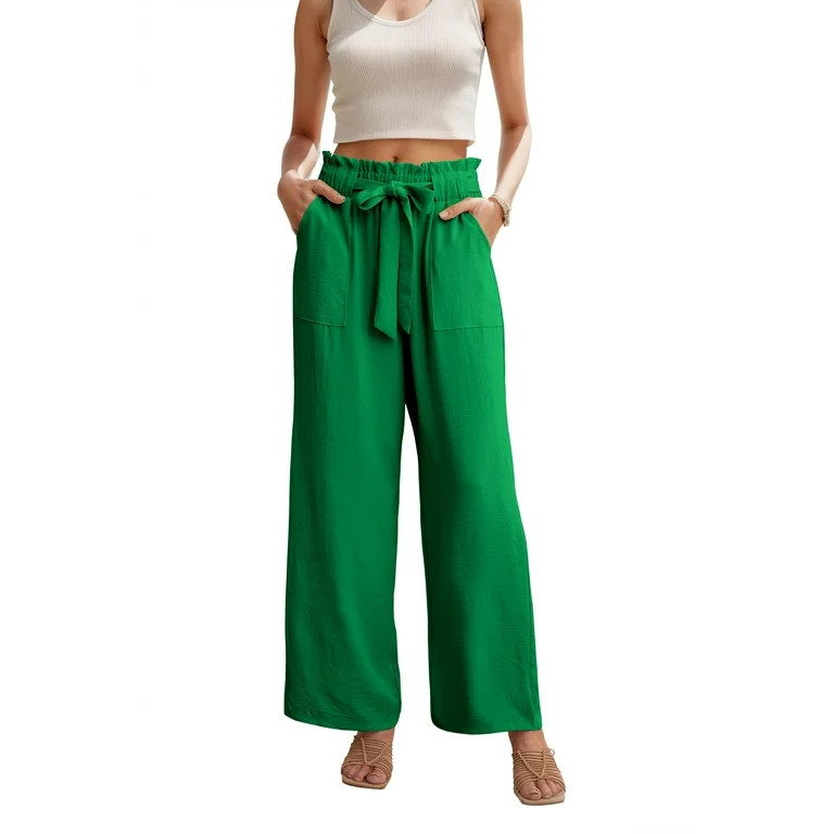 JWD Women's Wide Leg Pants With Pockets High Waist Adjustable Knot Loose Casual Trousers Business... | Walmart (US)