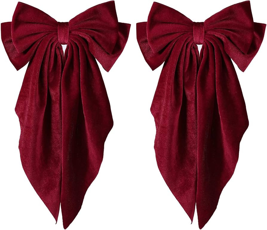 2PC Dark Red Velvet Hair Bows Hair Ribbon Clips Oversized Bowknot Hair Barrettes With Long Tail V... | Amazon (US)
