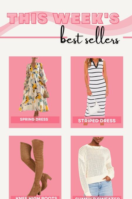 This week’s best sellers! Striped amazon dress, floral dress, bridal shower dress, spring dress, summer dress, summer sweater, over the knee boots

#LTKfindsunder50 #LTKSeasonal #LTKstyletip