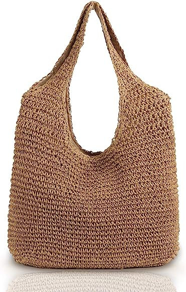 QTKJ Hand-woven Soft Large Straw Shoulder Bag Boho Straw Handle Tote Retro Summer Beach Bag Ratta... | Amazon (US)