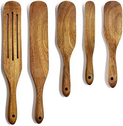 Wooden Spurtle Kitchen Utensils, Acacia Wooden Spoons For Cooking, 5Pcs Cooking Utensils Set, Spa... | Amazon (US)