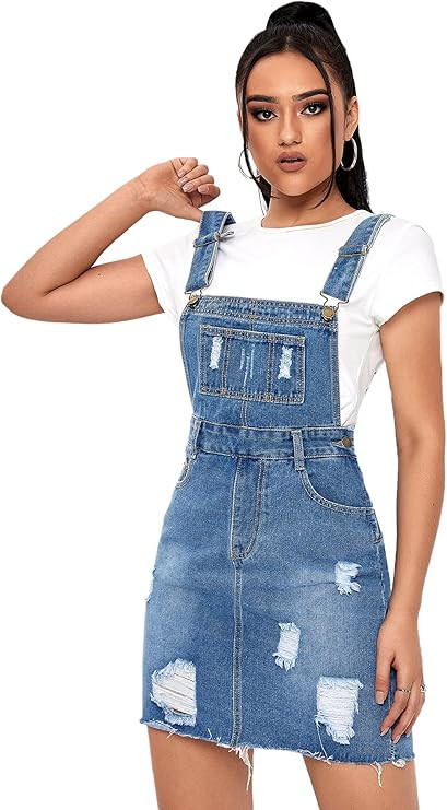 SweatyRocks Women's Distressed Adjustable Strap Denim Overall Dress | Amazon (US)