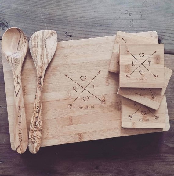 Custom Chopping Block, Engraved Coasters, and Wooden Spoon & Spatula Gift Set - Custom Wedding Gi... | Etsy (US)