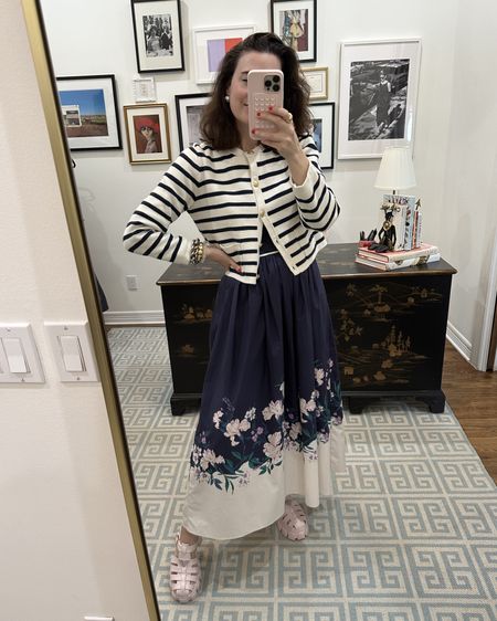 today 🎀 love this floral vintage inspired maxi dress. 

Dress runs true- I’m wearing the small & it has smocking in the back. Striped sweater runs a bit small- I’m wearing the medium. Prada monolith sandals run true- if you’re a half size go up. 