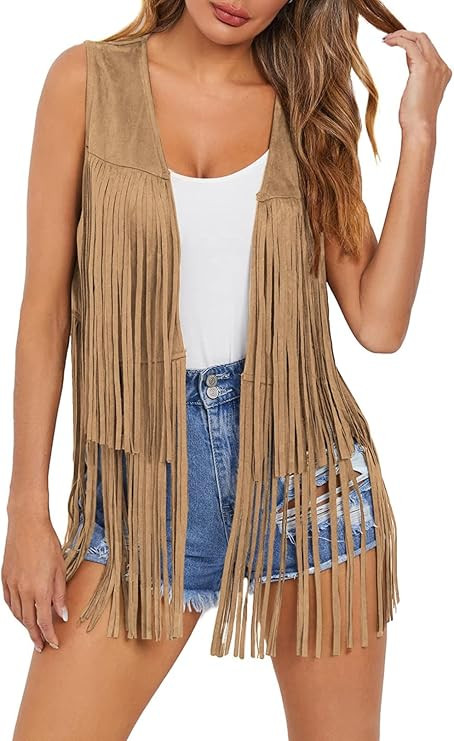 Dokotoo Womens Fringe Vest 70s Hippie Costume Sleeveless Cowgirl Western Faux Suede Tassel Leathe... | Amazon (US)