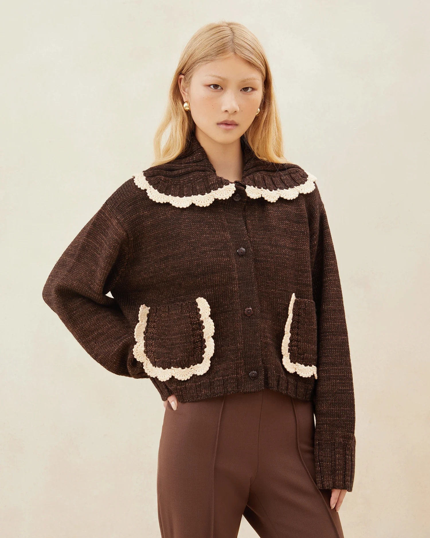 Lo Brown/Cream Collared Cardigan | Loeffler Randall