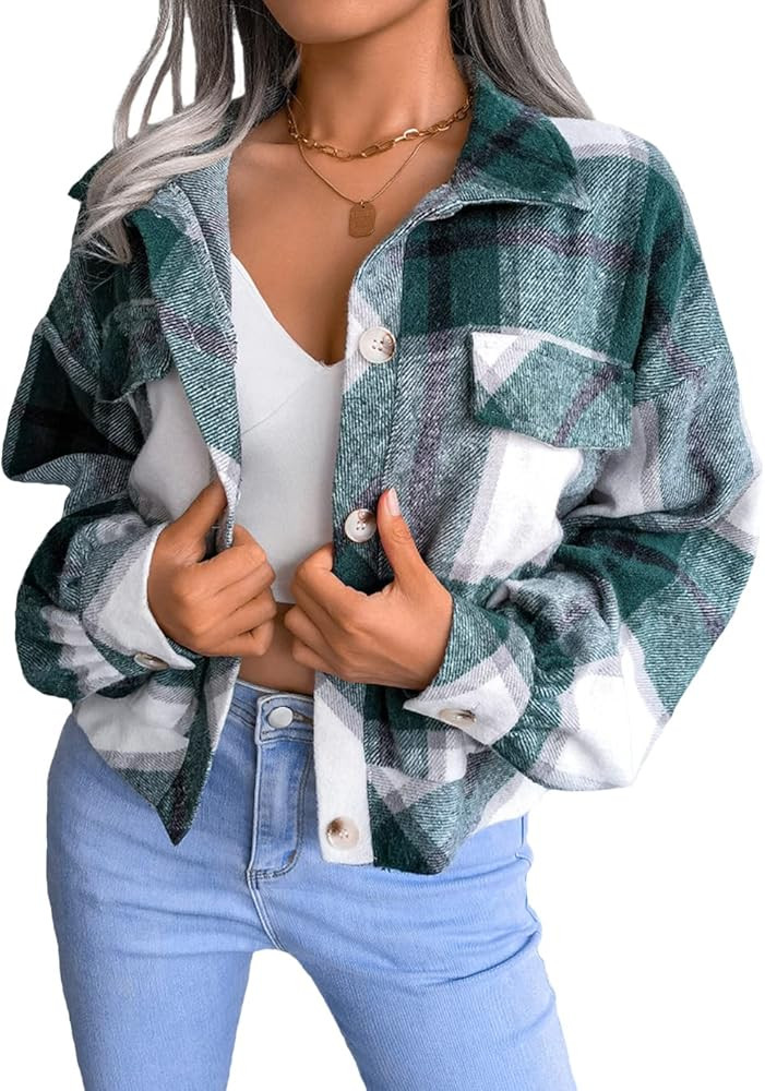 Womens Casual Plaid Shacket Long Sleeve Wool Blend Button Down Shirt Jacket Tops | Amazon (US)