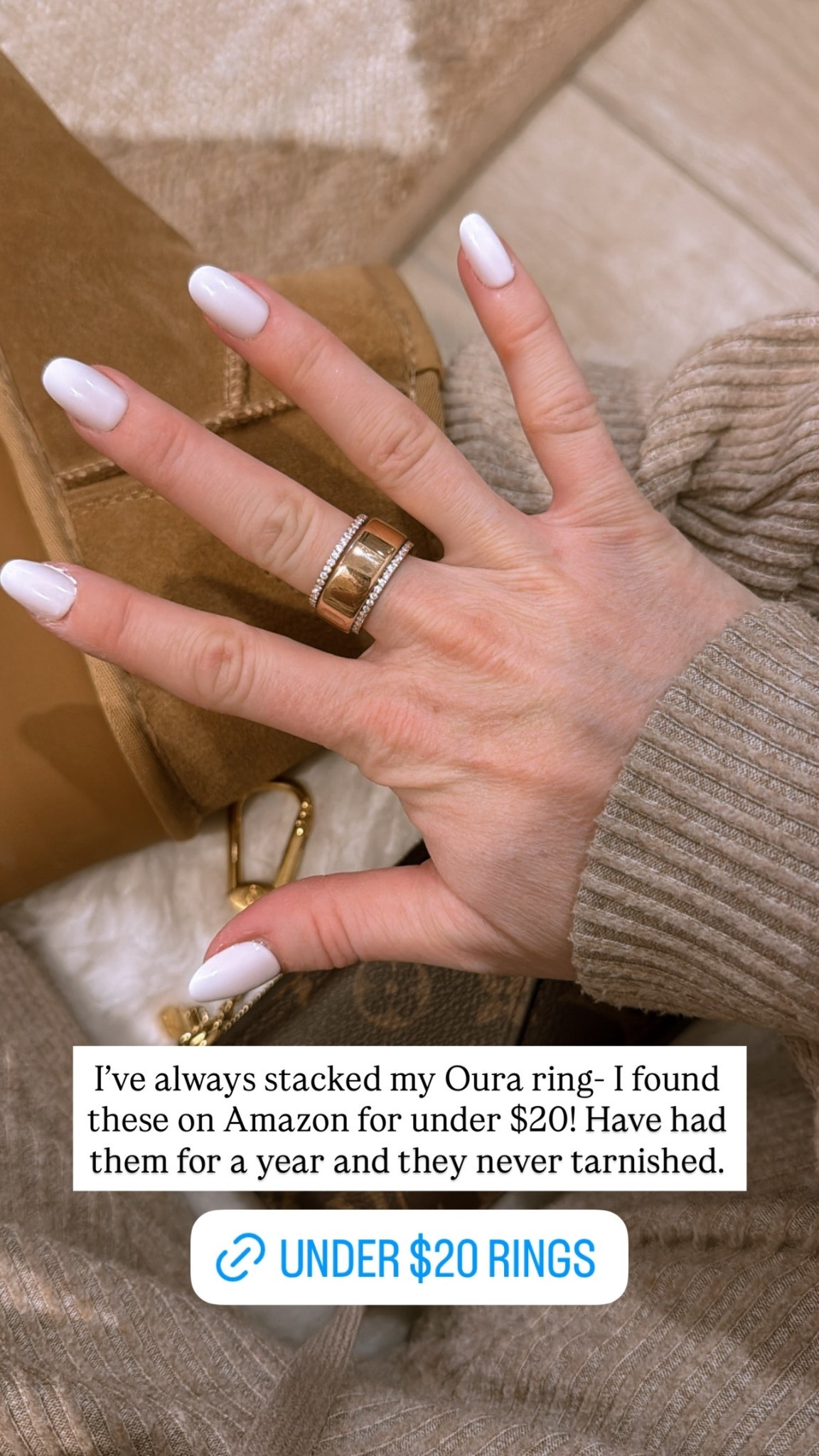 I’ve always stacked my Oura ring- I found these on Amazon for under $20! Have had them for a year and they never tarnished.